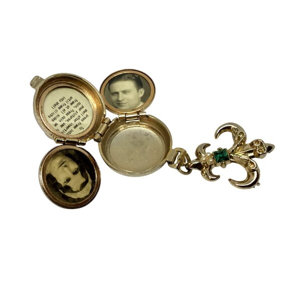 Vintage CORO Pat Pend Estate Triple Locket Brooch Fleur de Lis Rhinestone Pearl - Picture 7 of 14